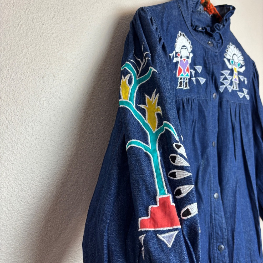 Vintage 90s Denim Maxi Dress Embroidered Kachina Blue Large Prairie Cottage Boho - Picture 9 of 16